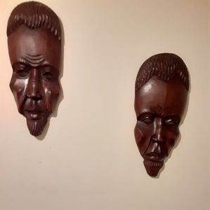 Two African Tribal Face Mask Wood Hand Carved  Wall Hanging Art